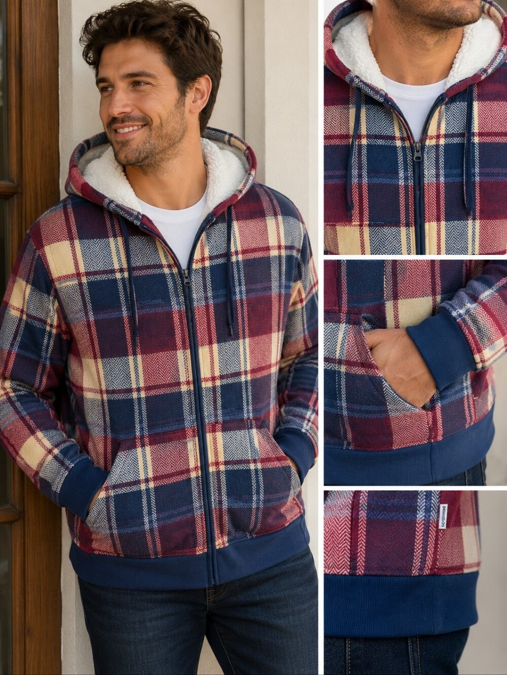 Magellan Outdoors Mens Large Plaid Full Zip Sherpa Lined Hoodie Jacket Burgundy
